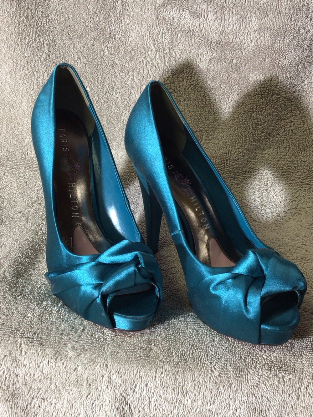 Vintage Paris Hilton Teal Satin Peep-Toe Heels
